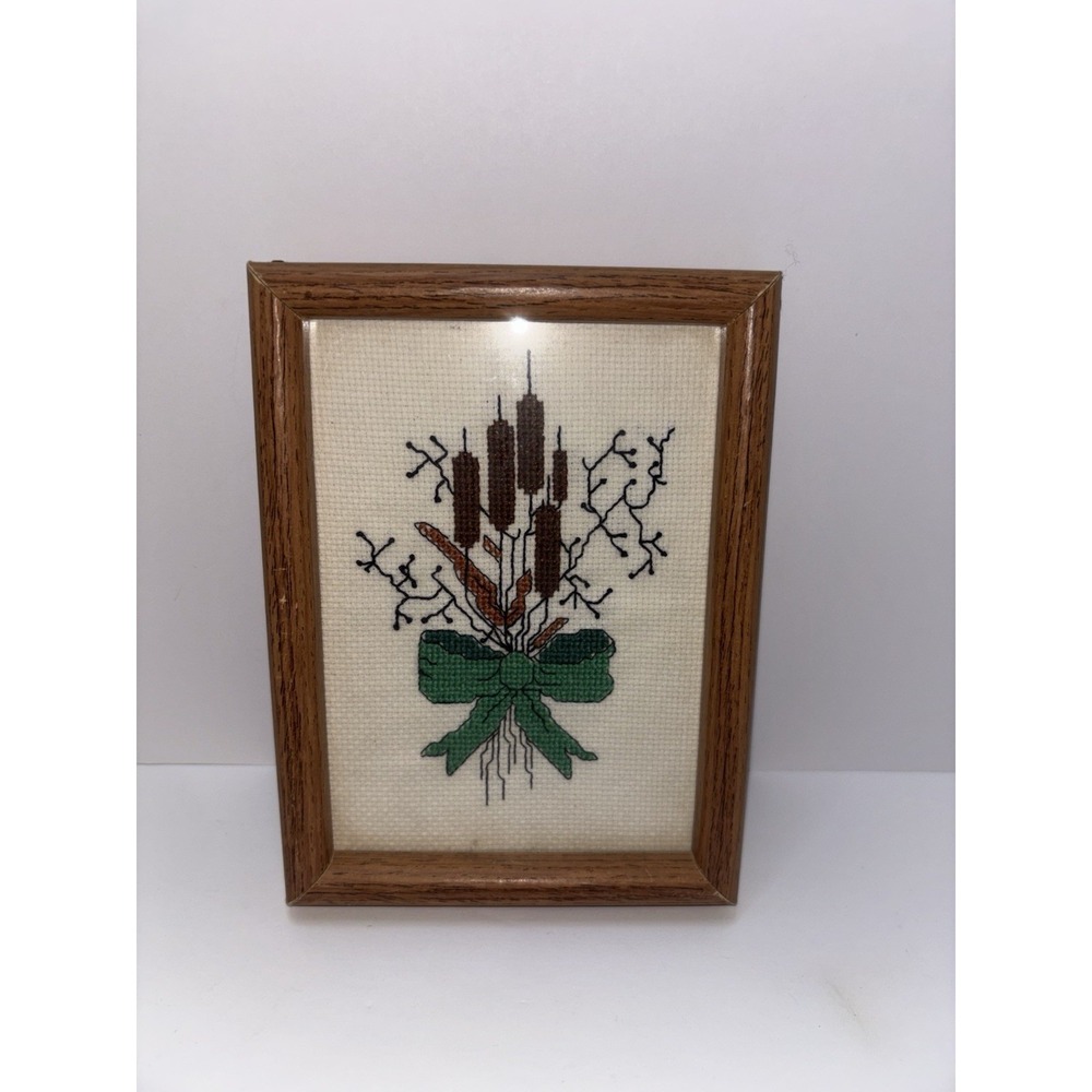 Vintage Cross-Stitch Artwork Brown Cattail Bouquet Needlepoint Grandma Core 6x8